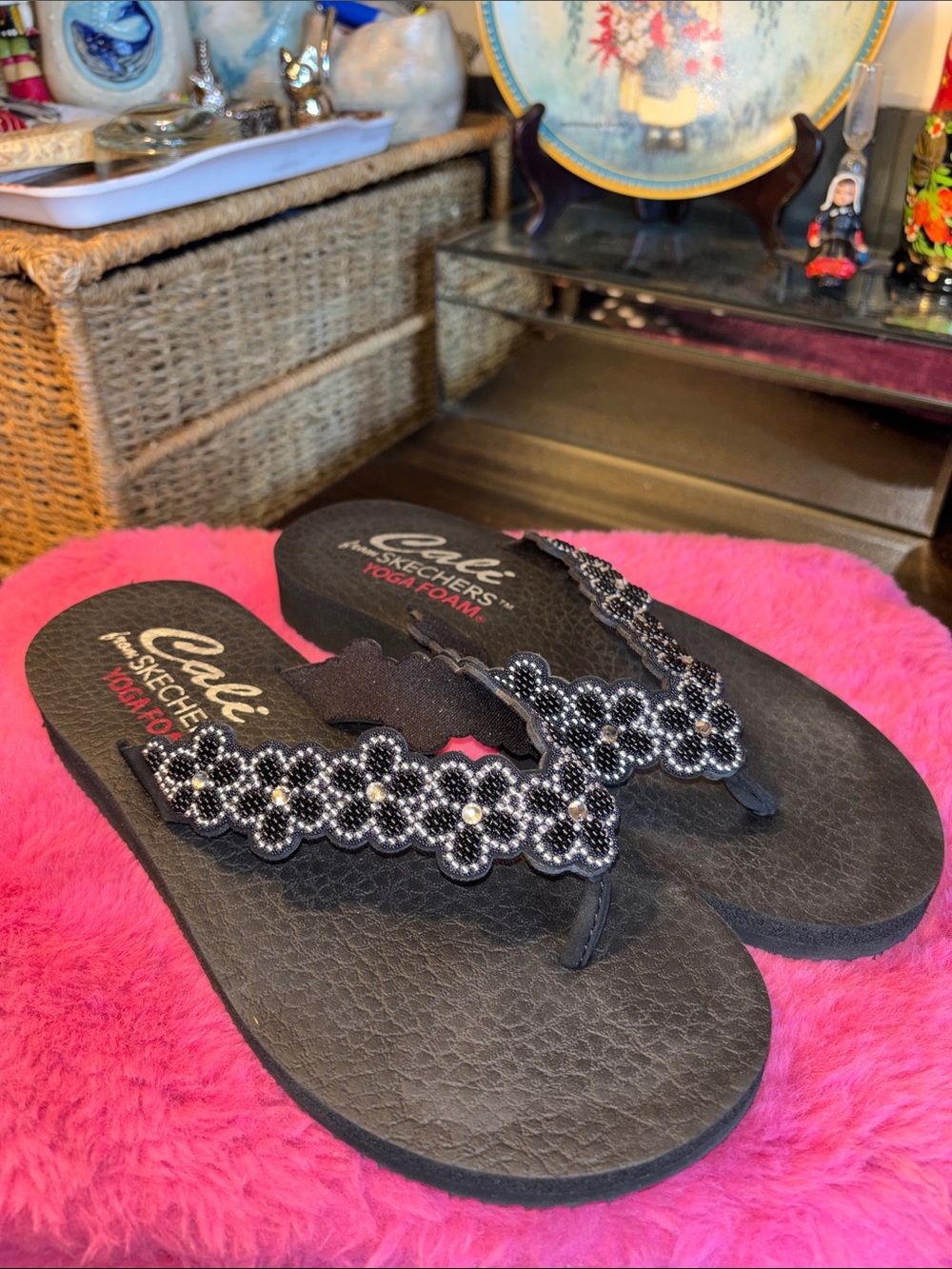 EUC Skechers Cali Meditation sandals feature a floral faux pearl embe